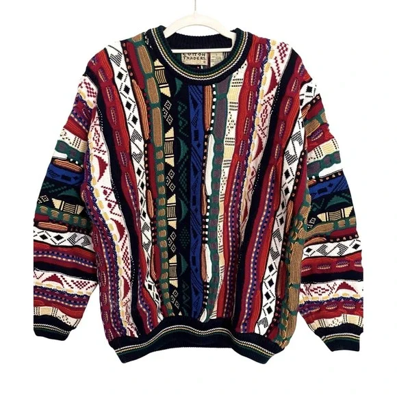 Vintage 90s Cotton Traders Coogi Style Colorful 3D Knit Crewneck Sweater Retro L - Picture 2 of 12